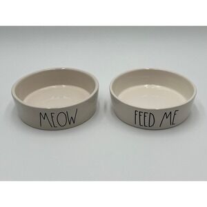 Rae Dunn Meow Feed Me Ceramic Cat Bowls Set of 2 Cream Magenta Artisan